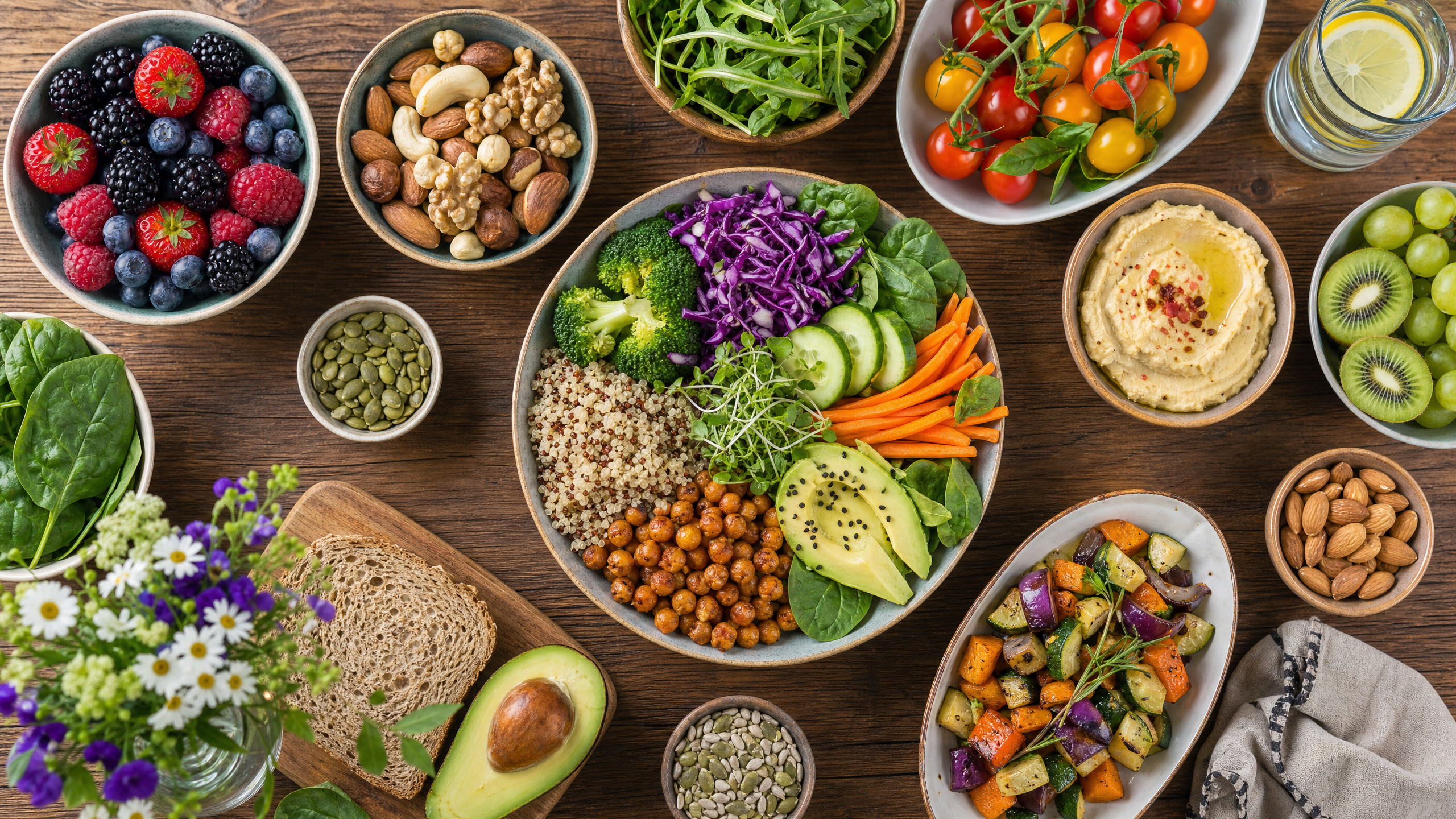 Mesa de madeira com uma variedade de alimentos saudáveis, frutas, vegetais e grãos, essenciais para a saúde mental