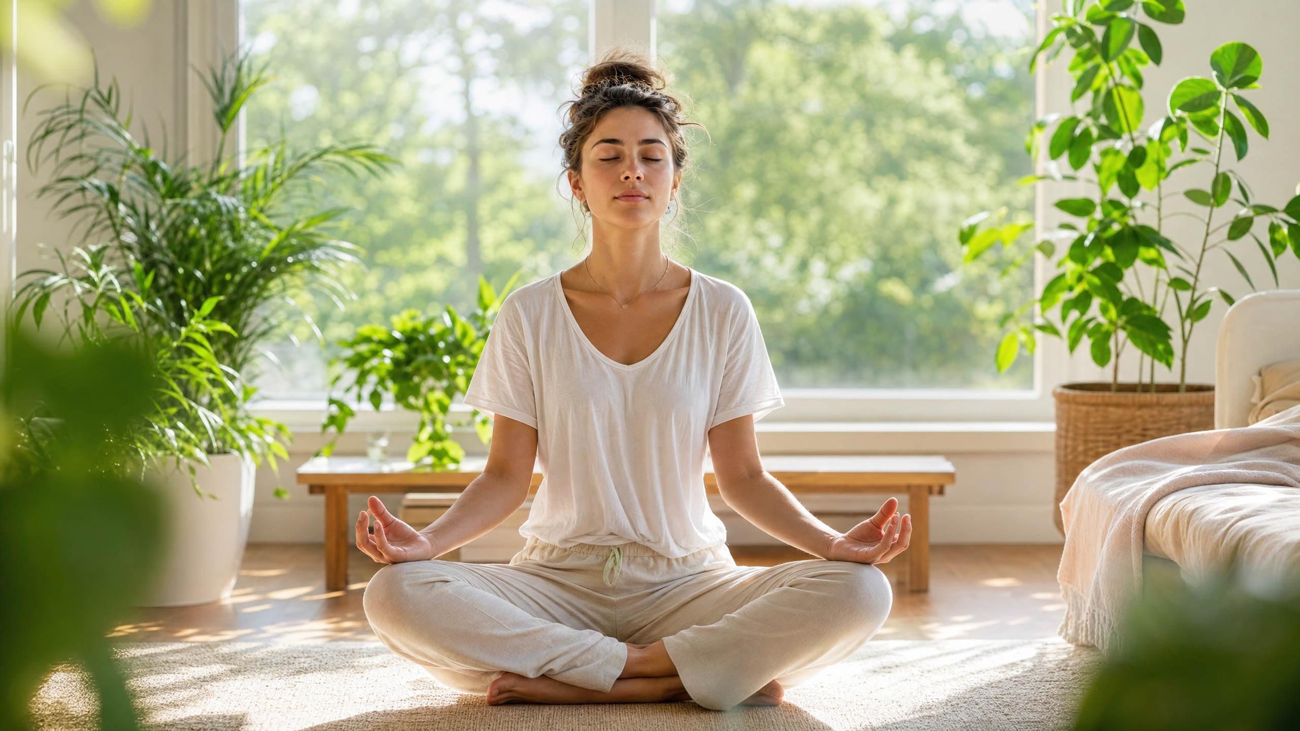 Pessoa meditando pacificamente em uma sala iluminada, representando o bem-estar e a saúde mental