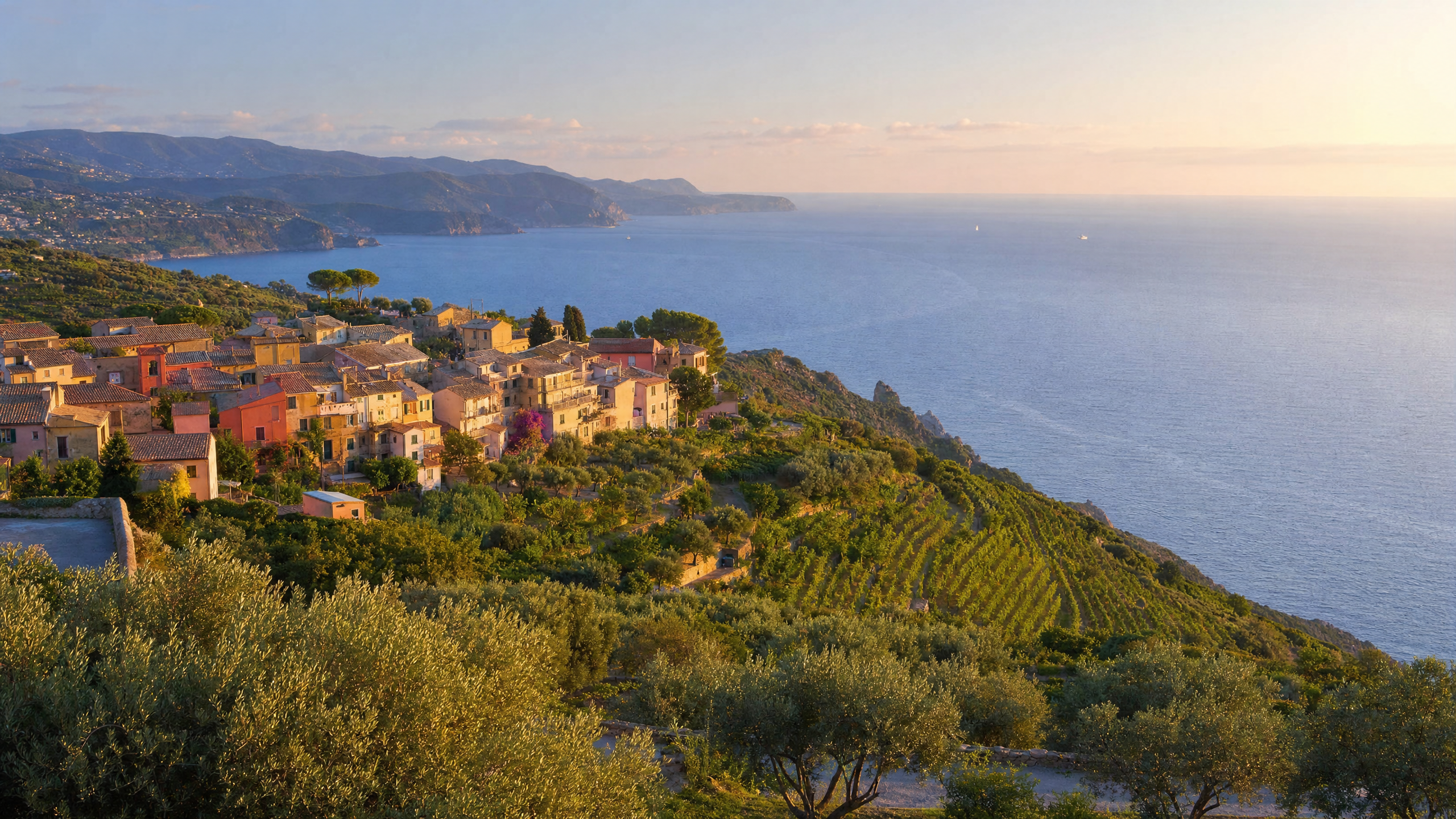 Vista aérea de uma vila costeira mediterrânea com casas coloridas, representando o estilo de vida das Blue Zones