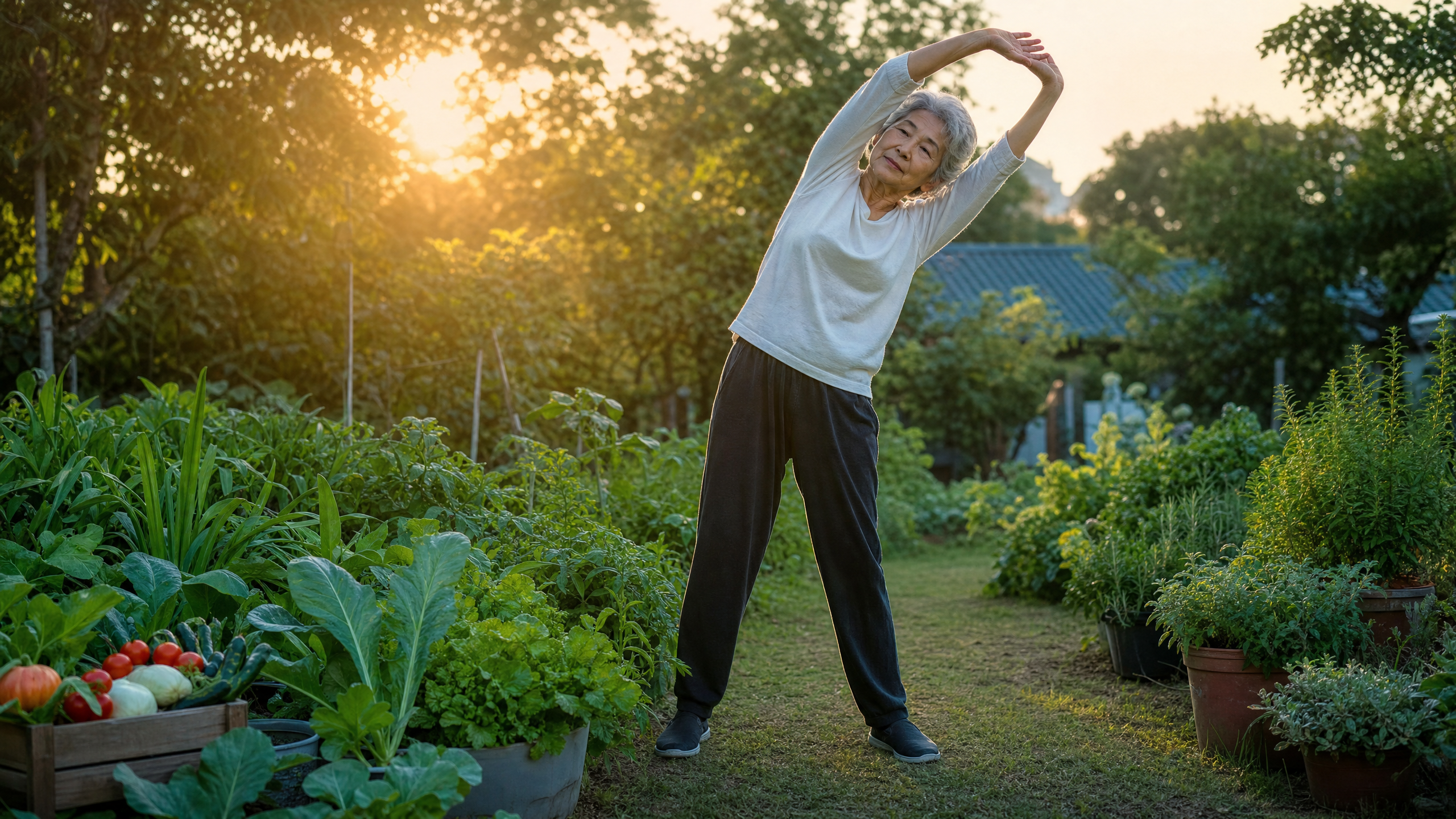 Pessoa idosa realizando alongamentos matinais em um jardim, cercada por plantas e luz natural, ilustrando a importância do movimento diário