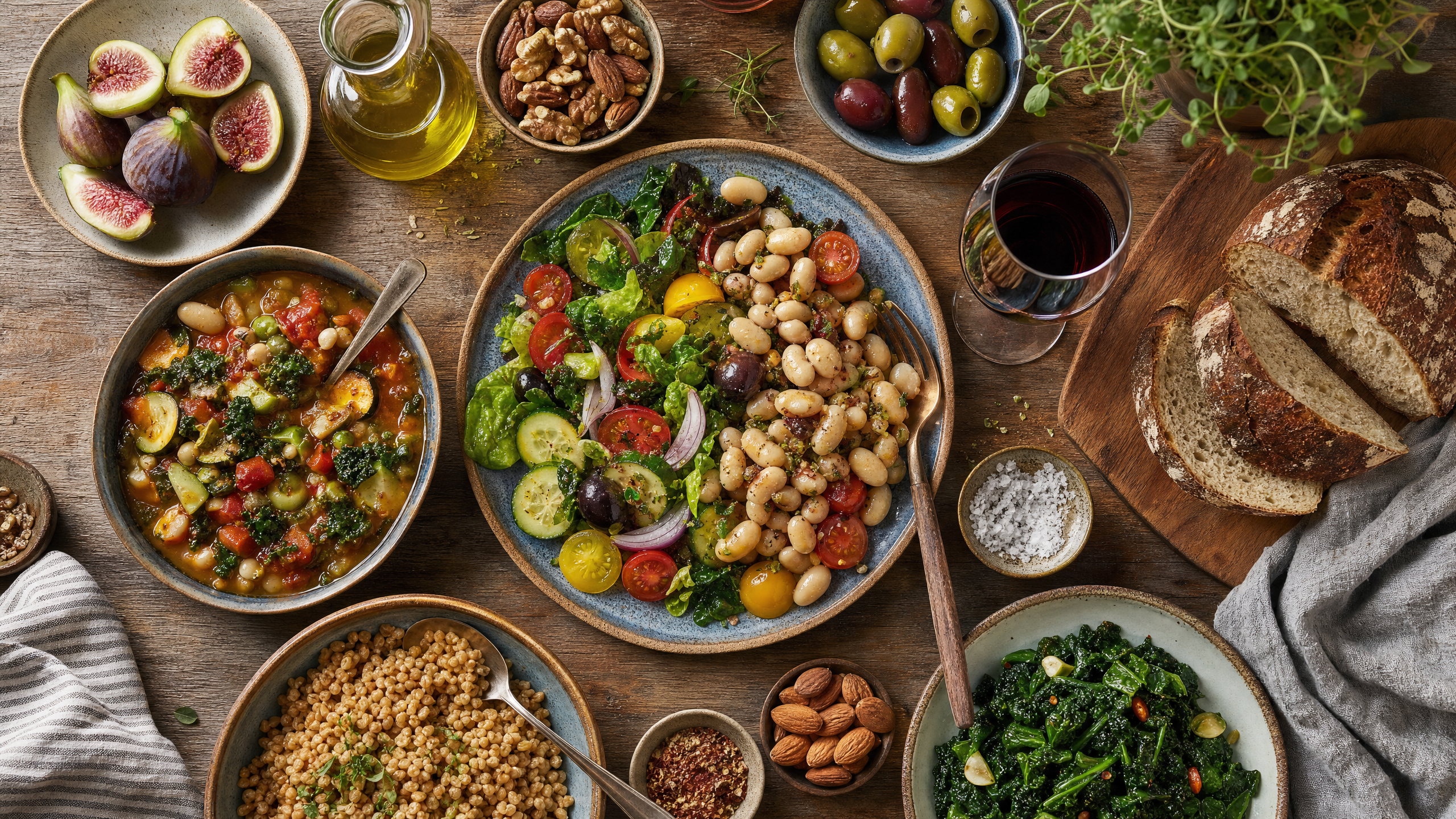 Mesa rústica de madeira com uma refeição típica das Blue Zones: vegetais coloridos, leguminosas, azeite, ervas frescas, nozes e uma taça de vinho tinto