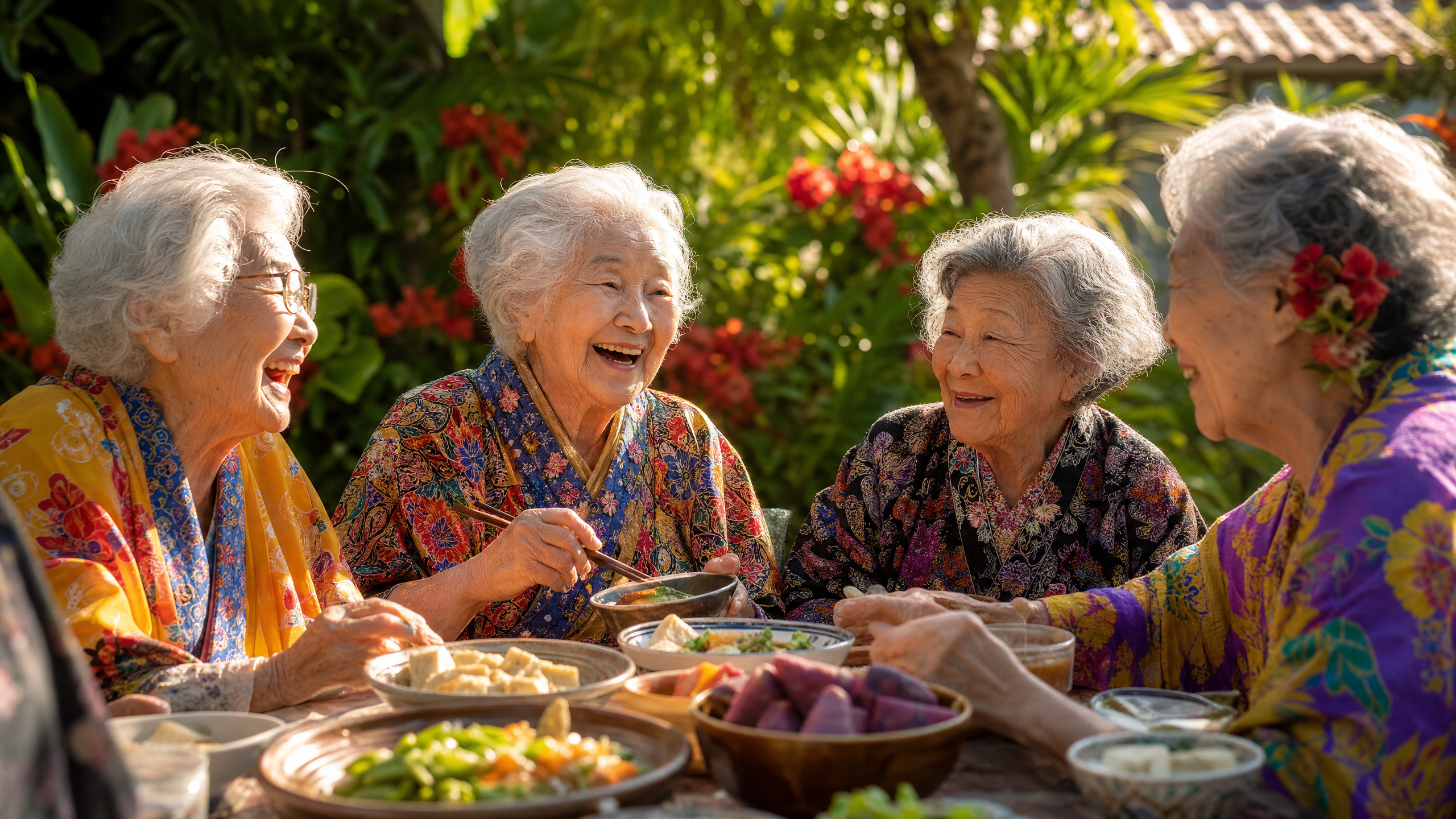 Mulheres idosas de Okinawa reunidas em um jardim tropical, compartilhando uma refeição simples e saudável, irradiando alegria e vitalidade
