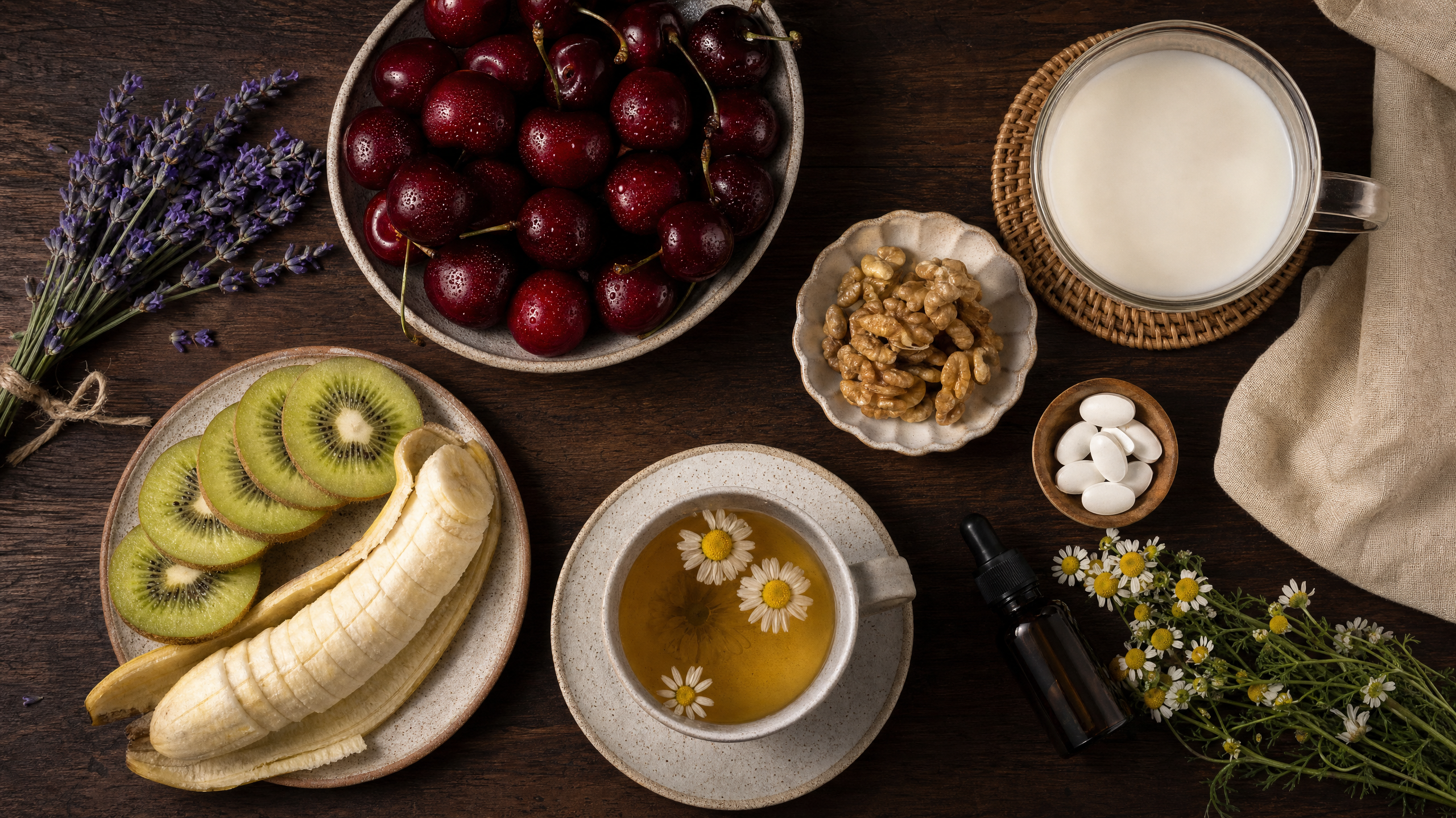Alimentos que promovem o sono: cerejas, kiwi, banana, nozes, chá de camomila e leite morno