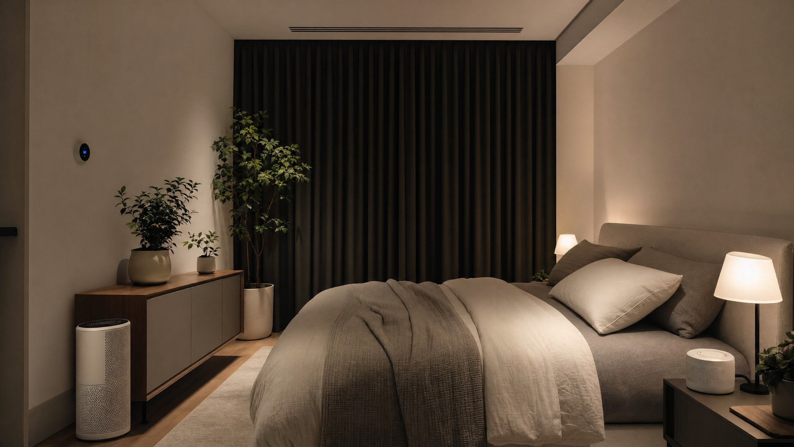 Quarto minimalista otimizado para o sono, com cortinas blackout, temperatura amena e ausência de eletrônicos