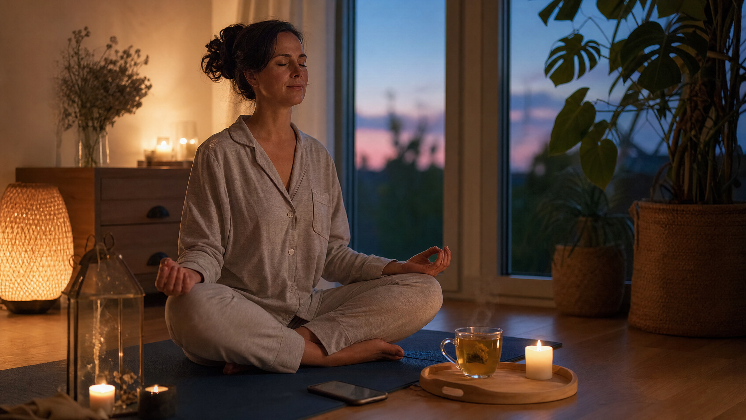Mulher praticando meditação suave à noite com chá de camomila, preparando-se para dormir