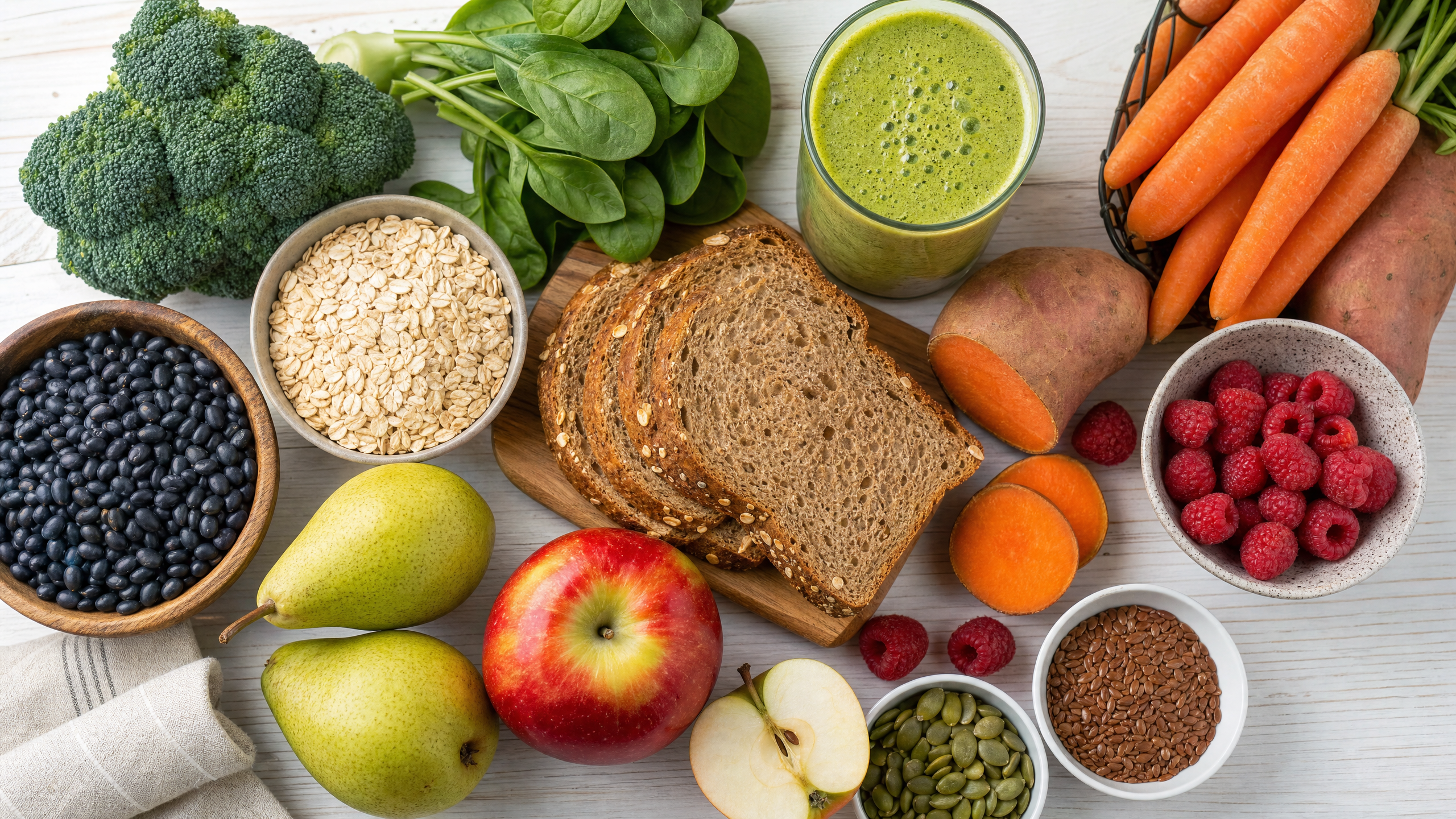 Alimentos ricos em fibras: brócolis, aveia, pão integral, batata doce, maçãs, framboesas e sementes de linhaça