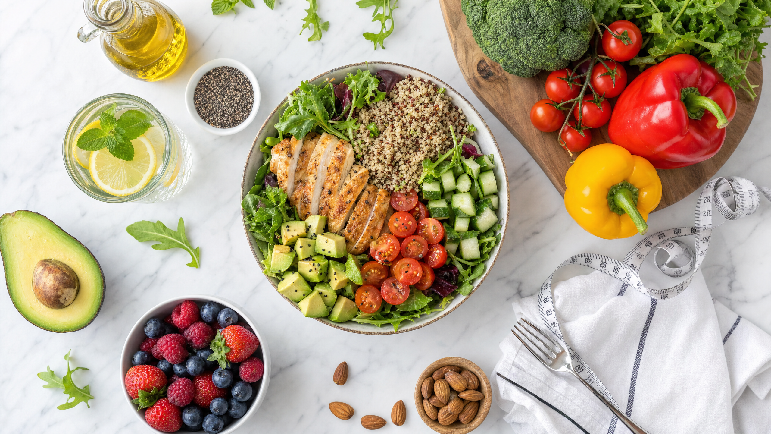 Refeição saudável e colorida com salada de quinoa, frango grelhado, abacate e fita métrica
