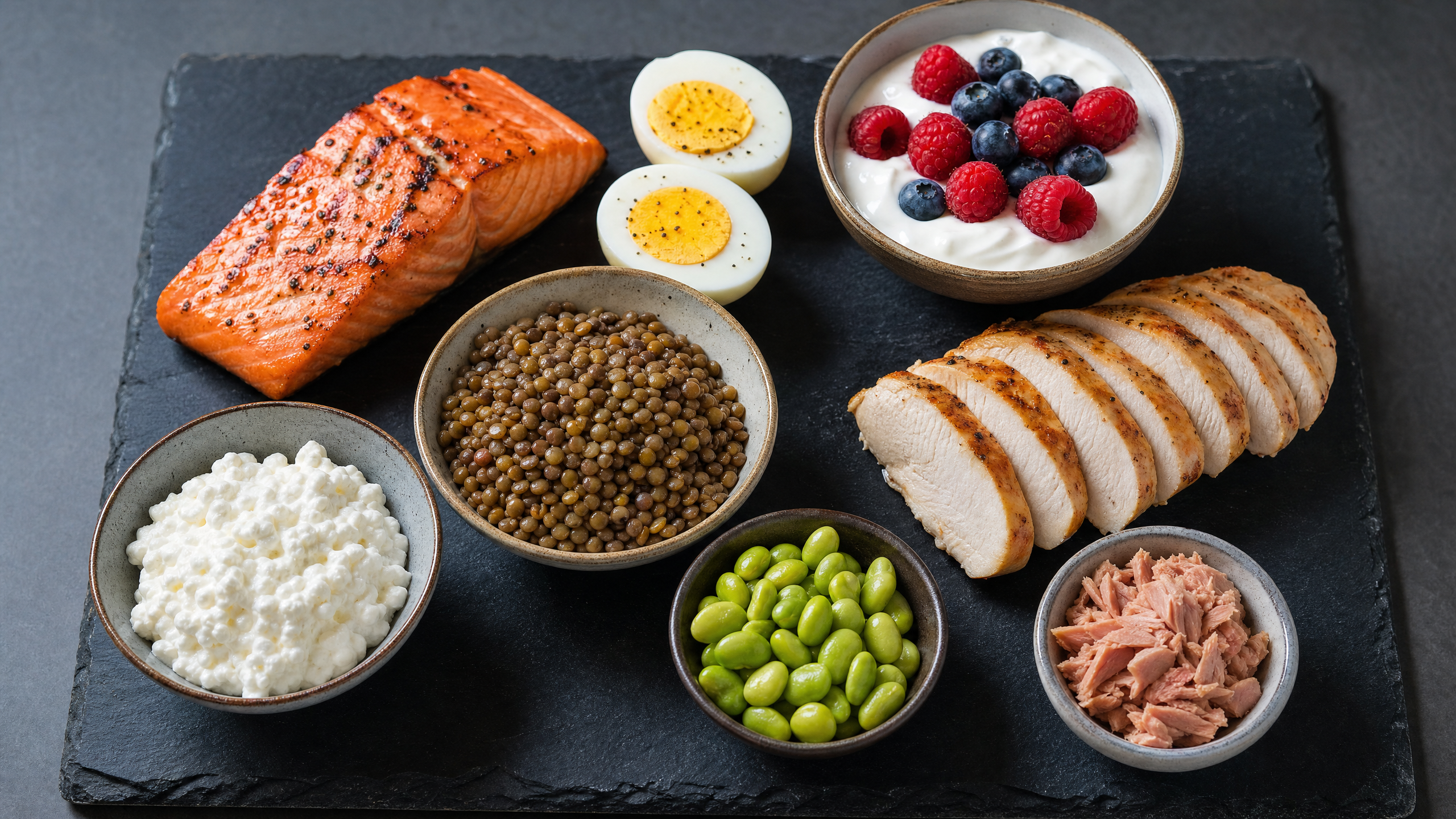 Fontes de proteínas magras: salmão grelhado, ovos cozidos, iogurte grego, peito de frango, lentilhas e queijo cottage