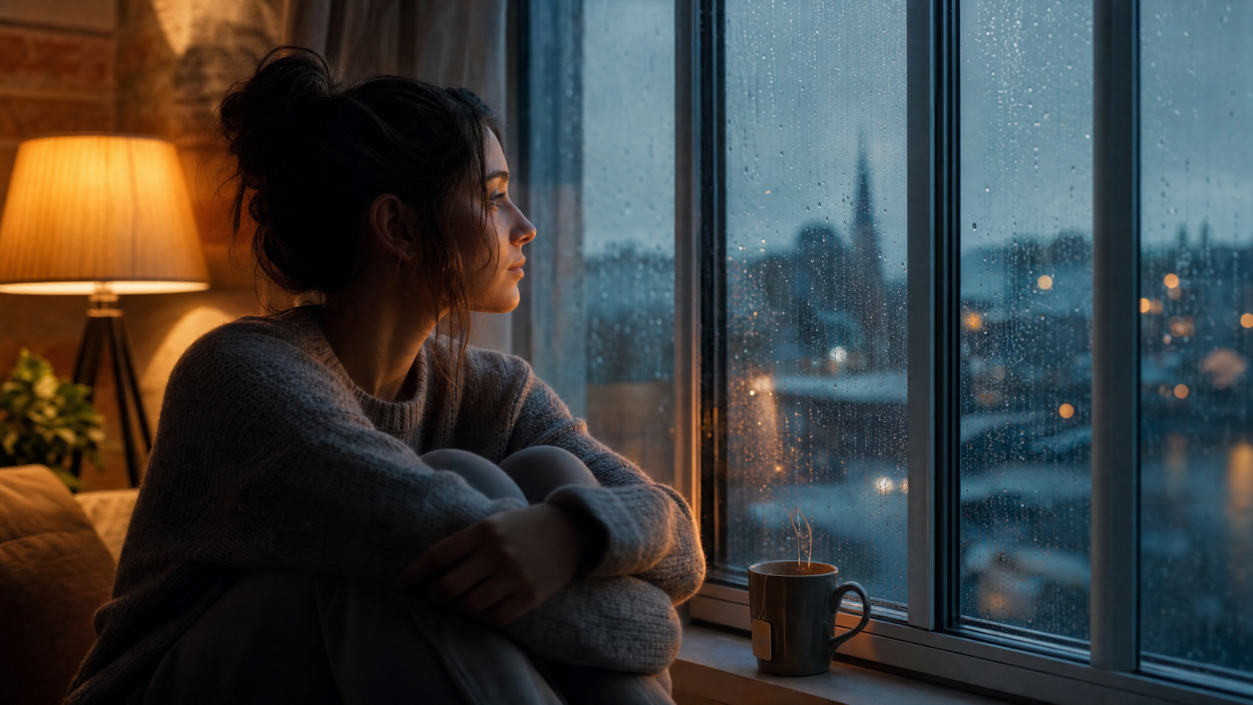 Pessoa refletindo em um ambiente acolhedor, olhando a chuva pela janela, representando o processo de cura da depressão