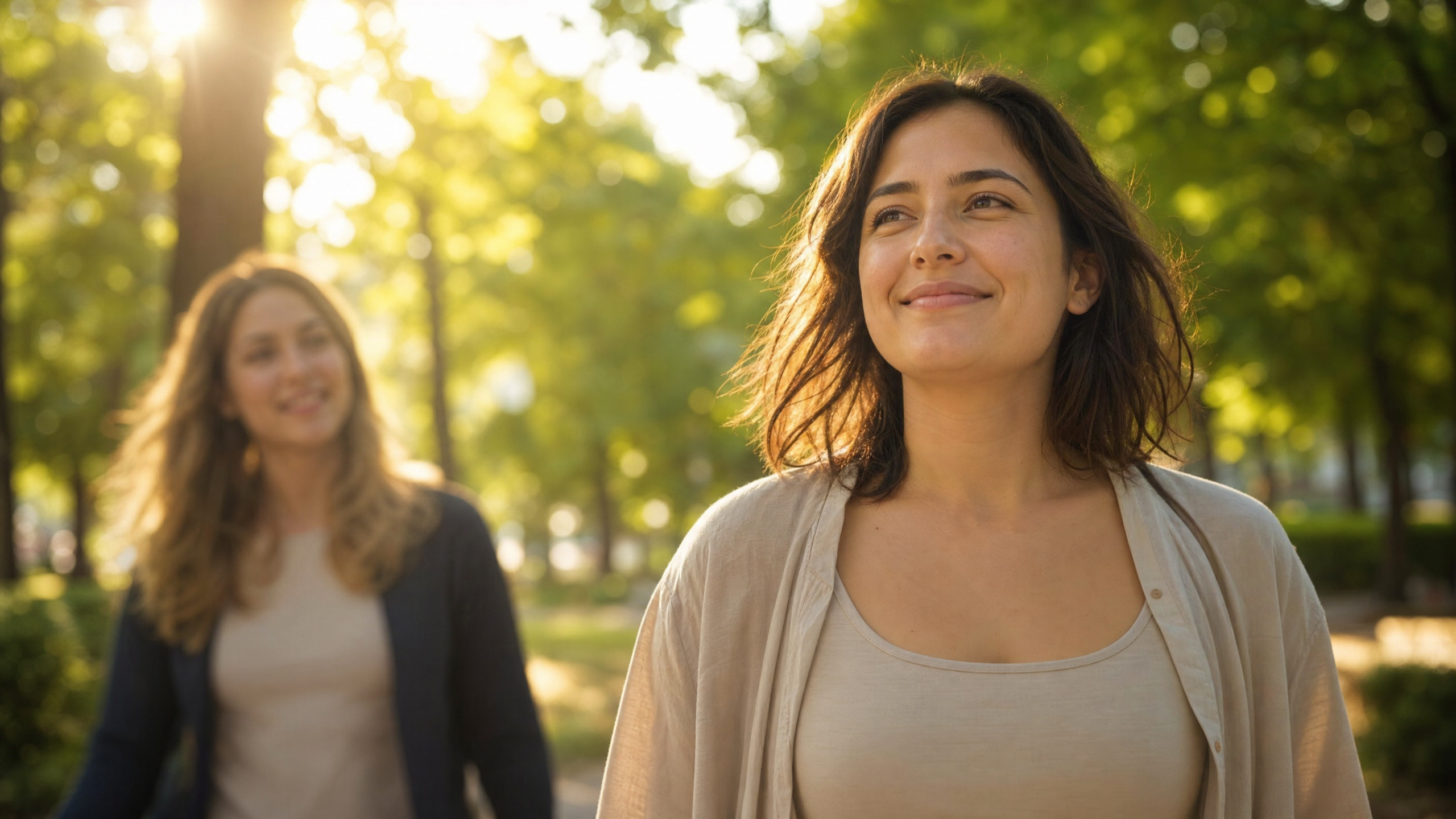 Pessoa caminhando na natureza, sorrindo levemente, simbolizando a recuperação e a importância do estilo de vida na saúde mental
