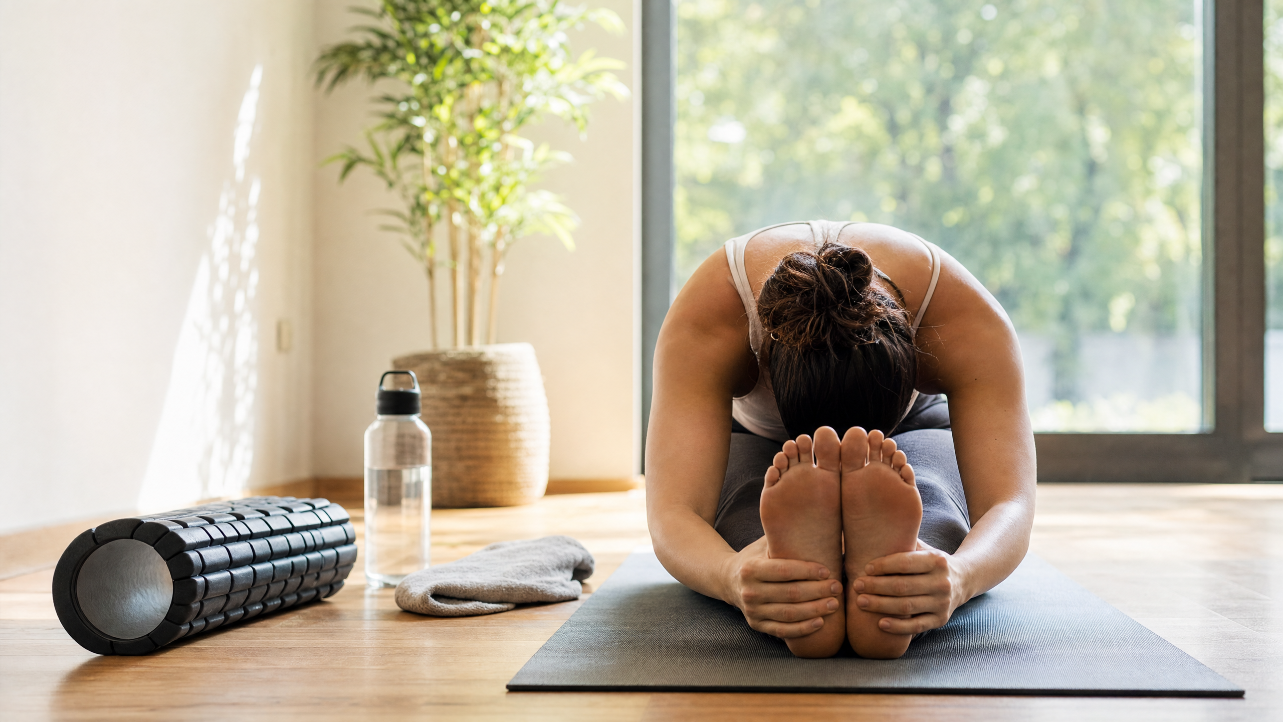 Pessoa fazendo alongamento sentado em um tapete de yoga, ambiente tranquilo