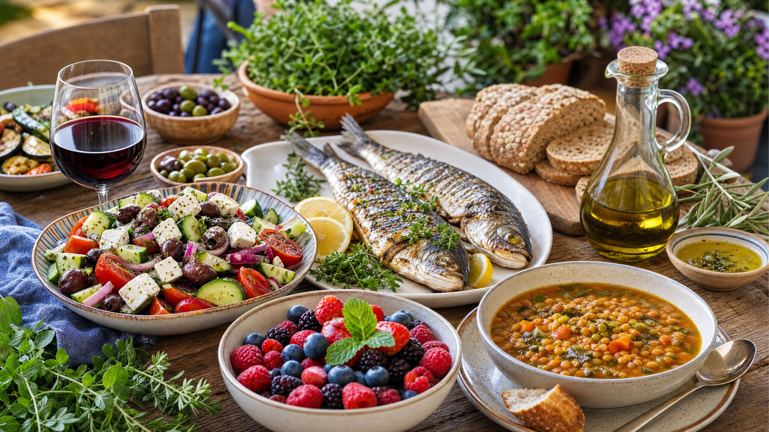 Mesa farta com alimentos da dieta mediterrânea: salada grega, peixe grelhado, azeite, lentilhas e frutas vermelhas