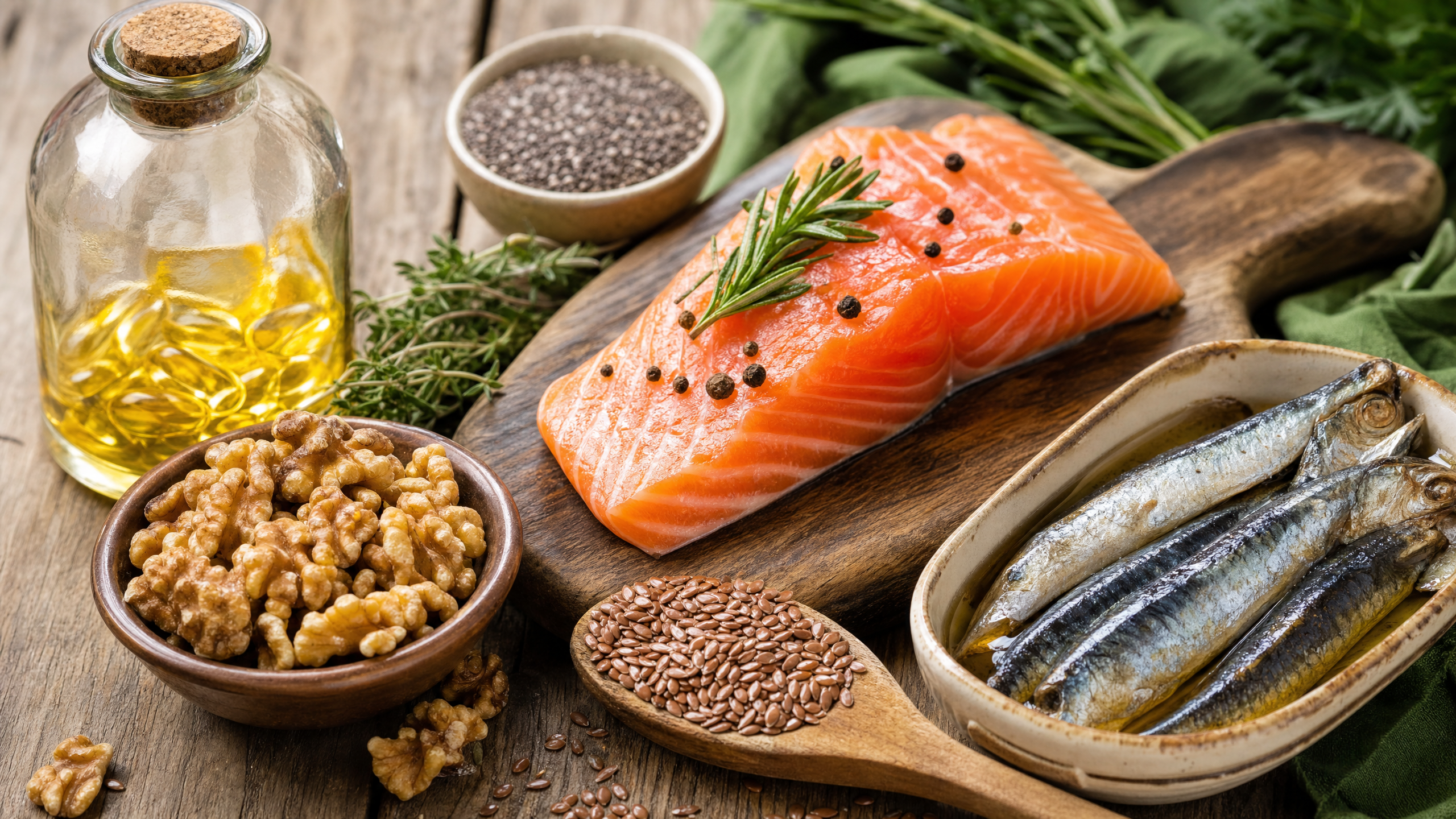 Alimentos ricos em ômega-3 como salmão, nozes, sardinhas e sementes de chia dispostos em uma mesa rústica