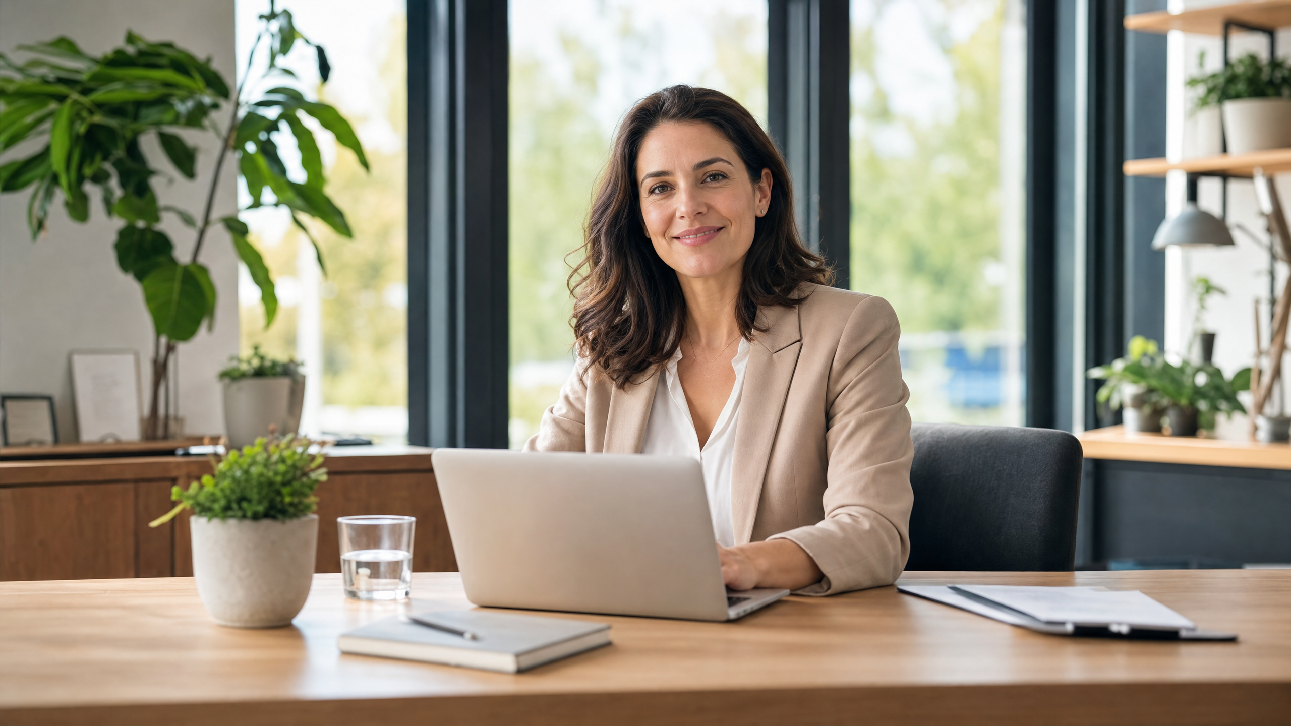 Profissional sorrindo em um ambiente de trabalho organizado, iluminado e saudável