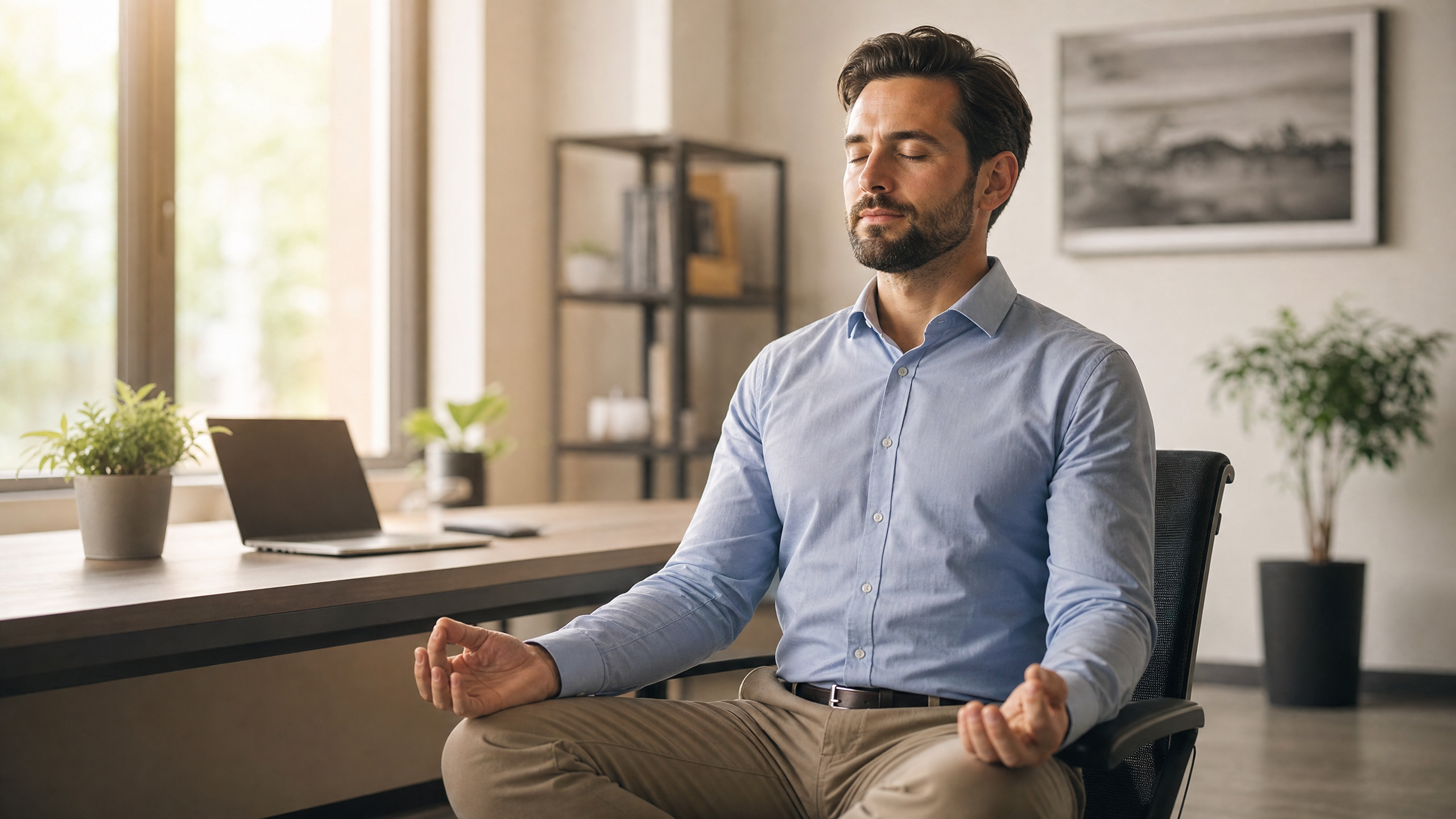 Homem praticando meditação mindfulness em sua mesa de escritório