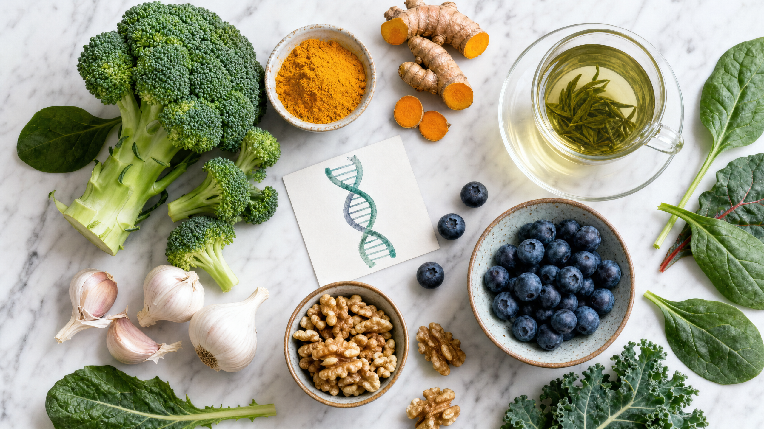 Alimentos epigenéticos como brócolis, cúrcuma, mirtilos e nozes em uma mesa de mármore