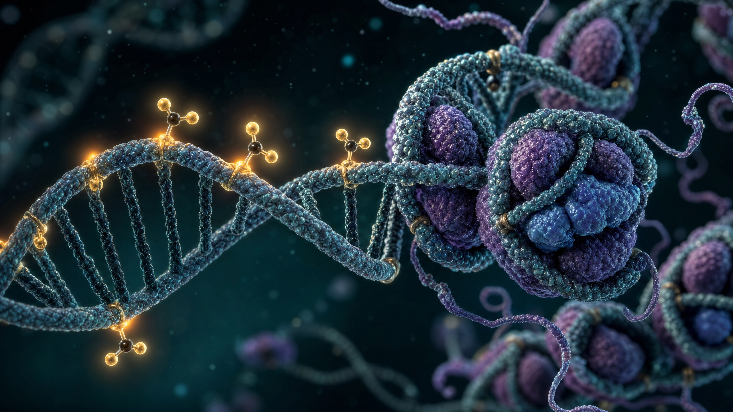 Renderização 3D de uma dupla hélice de DNA mostrando grupos metil (CH3) se ligando à fita