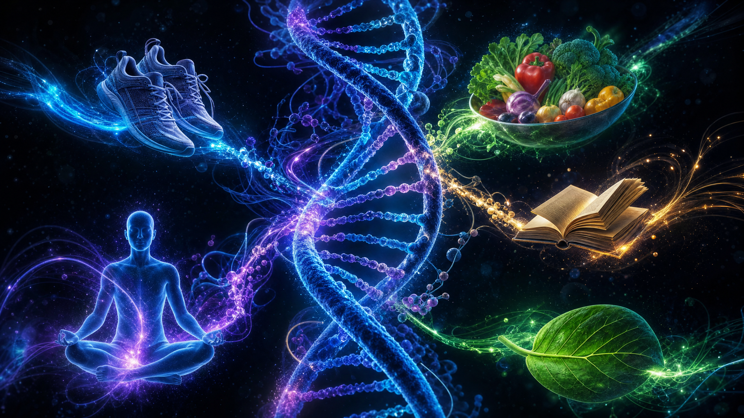 Ilustração de uma fita de DNA interagindo com hábitos saudáveis como corrida, meditação e alimentação